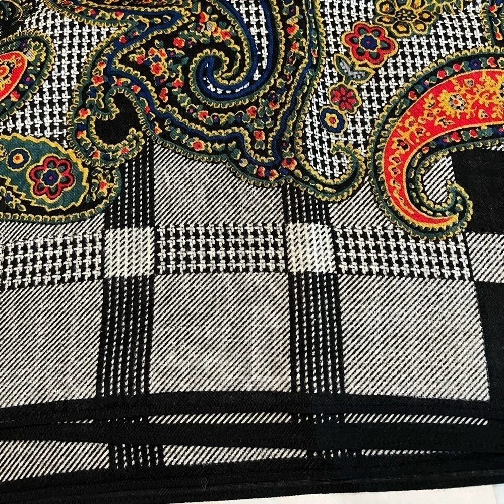 ANN TAYLOR Vintage 100% wool black/ multi plaid & paisley scarf, 34”x34”